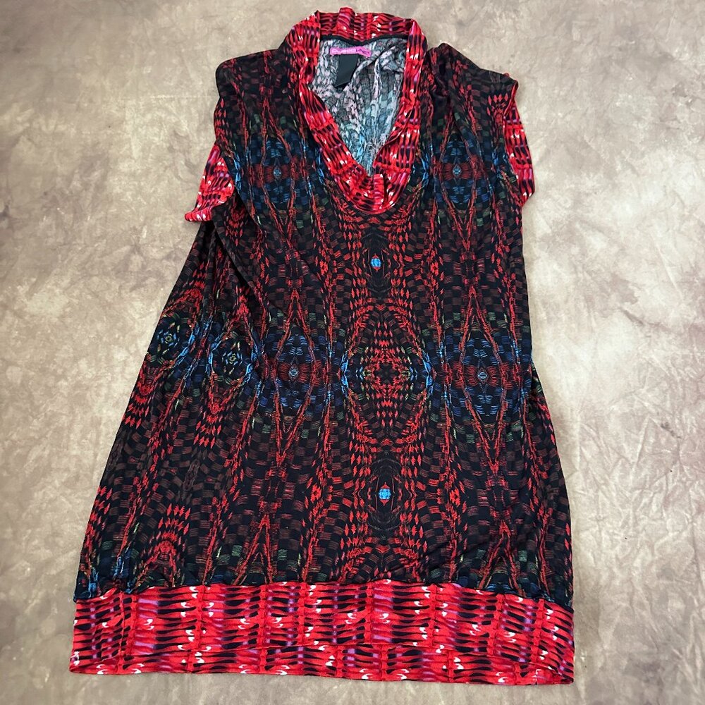 Custo Line Graphic Red Tunic Style Shirt with Short Sleeves 100% Viscose Y2K